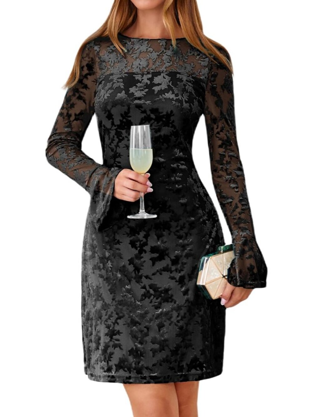 〽️Women’s Black Velvet Floral Sheath Dress Flare Sleeve Cocktail Wedding Guest